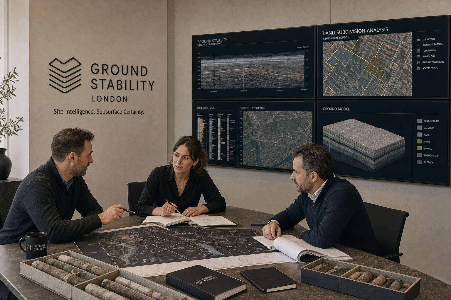 TOWERVIEW AI team reviewing GIS ground stability boards in London office