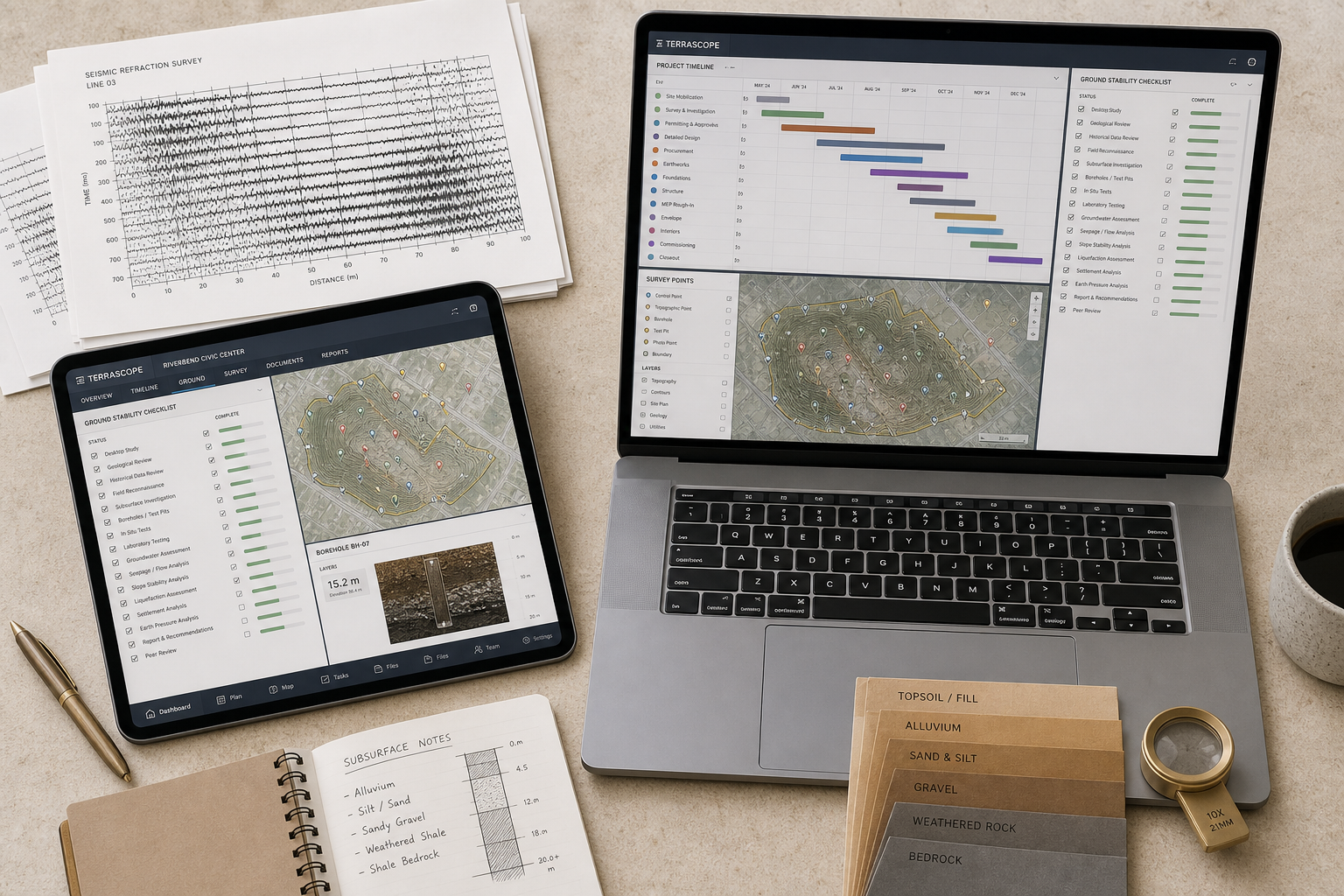 Construction management software on survey desk with timeline layers