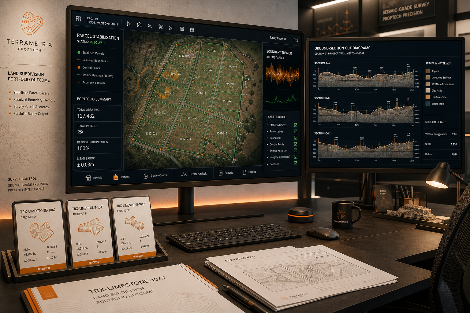Land subdivision GIS dashboard showing stabilised parcel layers