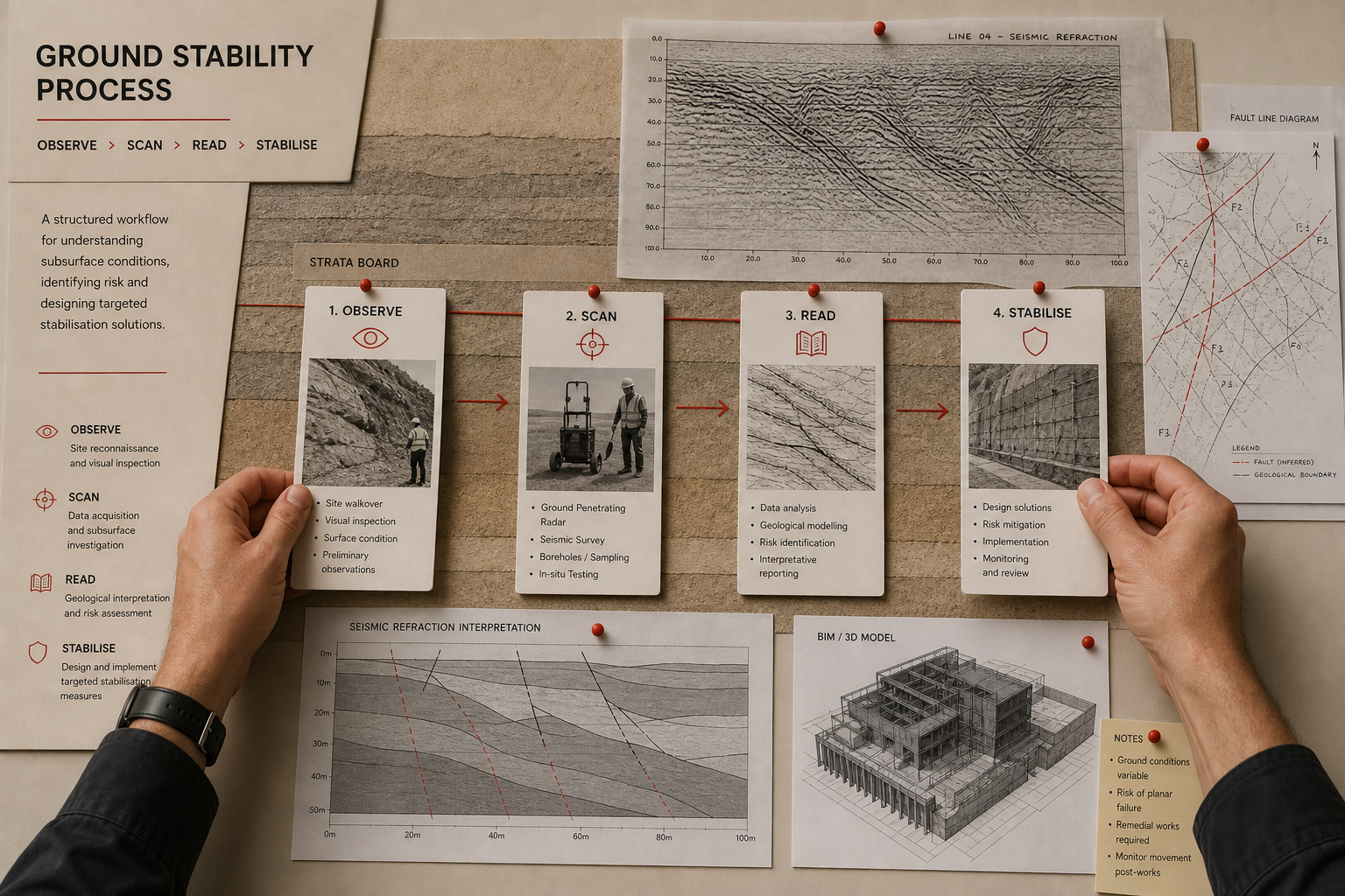 Ground stability process with survey cards and strata workflow documentation