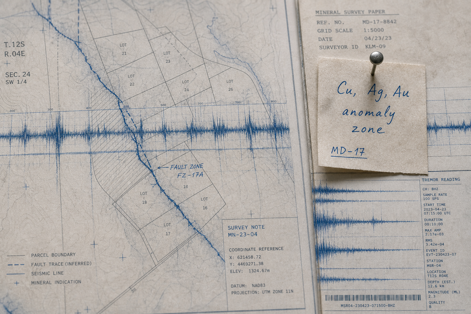 Seismic trace diagram overlaid on GIS parcel map with survey pin markers